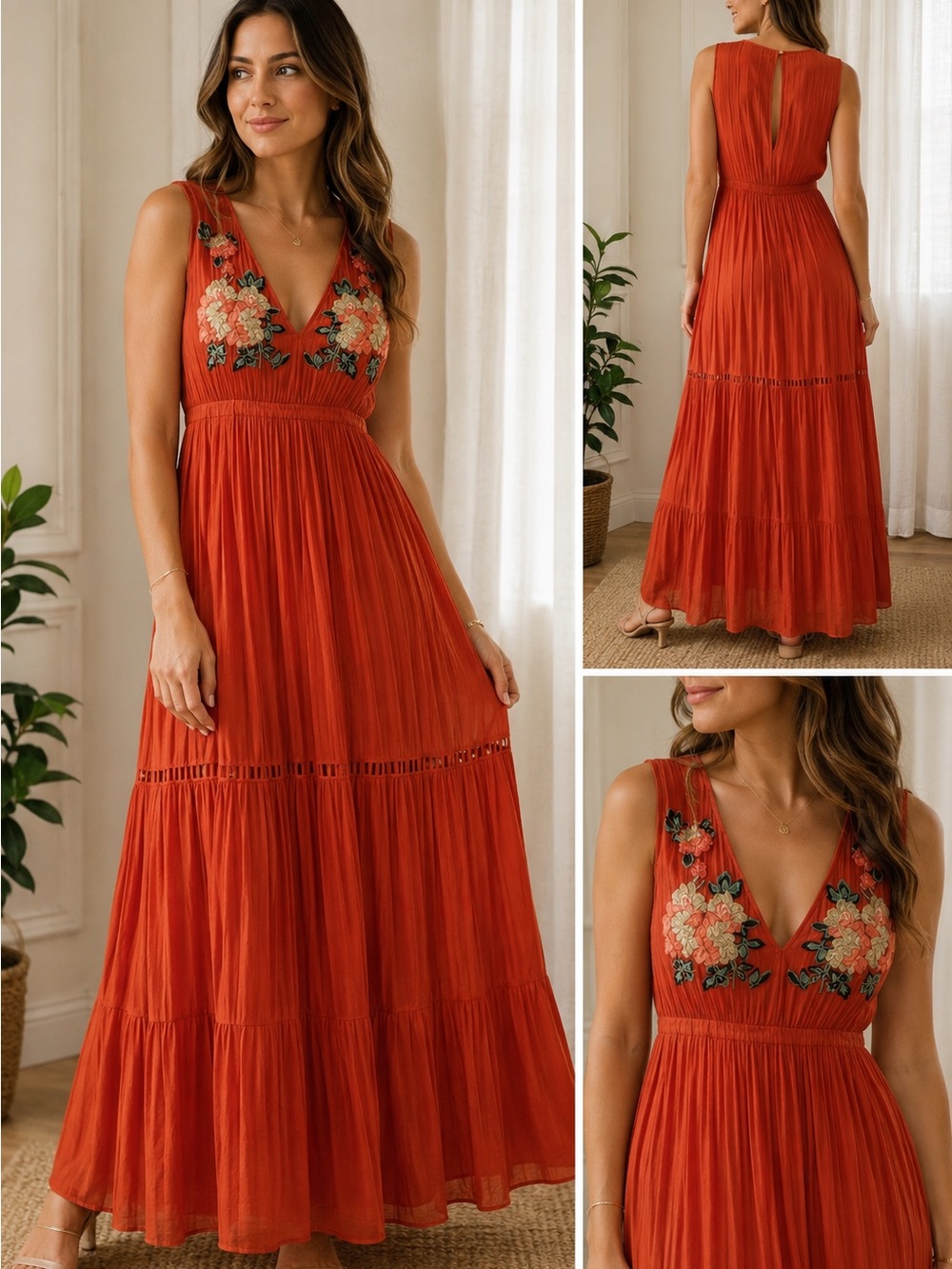 Cleobella Orange Tiered Maxi Dress V-Neck Sleeveless